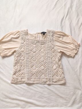 Calligraphie Boho Cream Mixed Media Crochet Lace Top Square Neck